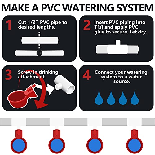 Chicken Waterer 4 Pack,Automatic Chicken Water Cup and 1/2" PVC Tee Fittings,Large Auto-Fill Chicken Waterer Cups,DIY Chicken Water Feeder, Coop Water Dispenser,Poultry Waterer Feeder Kit