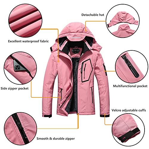 SUOKENI Women's Waterproof Warm Winter Snow Coat Hooded Raincoat Ski Snowboarding Jacket - color: Pink, size: Small