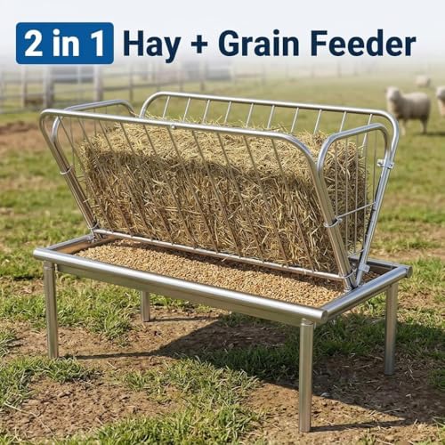 Heavy Duty Hay Feeder for Goats and Horses, 4 FT Galvanized Steel Livestock Feeder with Deep Grain Feeding Pan, Durable Outdoor Pasture Hay Rack for Sheep, Cows and Farm Homestead