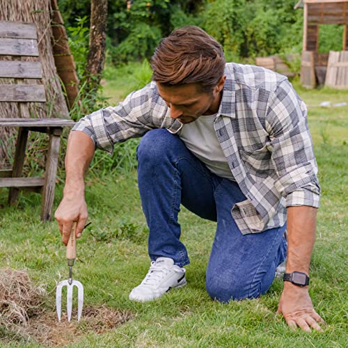 Berry&Bird Gardening Hand Fork, Stainless Steel Hand Weed Fork, Traditional Garden Hand Fork Tool with Ergonomic Ash Wood Handle for Weeding, Digging, Planting and Cultivating - size: 14.1inch