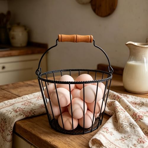 Wire Egg Basket, Black, Wooden Handle | Farmhouse Rustic, Egg Collecting, Kitchen Countertop, Chicken Coop, Easter Egg Hunt