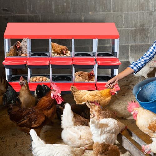 Chicken Nesting Boxes,10 Hole Metal Roll Away Eggs Laying Boxes with Ventilation Holes,Rustproof Plastic Tray & Keyhole Mounting, Cleanable Pull Out Nest Box for Hen & Duck, Red - color: Red, size: 10 holes