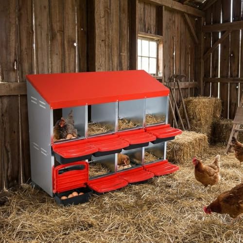 GarveeHome 2-Tier Chicken Nesting Box, 8 Compartment Metal Chicken Laying Boxes with Waterproof Roof & Removable Trays for Hens, Poultry,Easy Egg Collection - color: Red, size: 8 holes