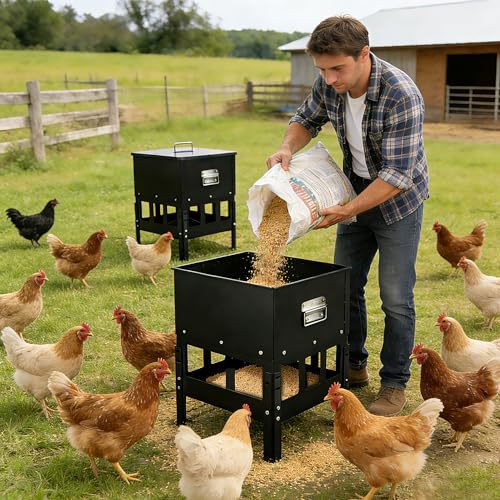 30-40LBS Large Chicken Feeder No Waste 12-Ports Automatic with Magnetic Baffle to Prevent Rodents and Mice Large Poultry Feeder Adjustable Height Suitable for All Poultry, Weatherproof - color: 30-40LBS