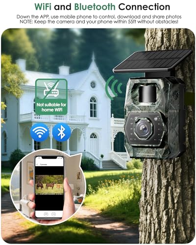 MAXDONE Solar Trail Camera WiFi Bluetooth - 4K 64MP Game Cameras with Night Vision Motion Activated IP66 Waterproof, with 5200mAh Battery and 32GB Memory Card Cameras for Outdoor and Backyard 