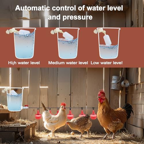 Automatic Chicken Watering System Including 8 Chicken Water Cups, 6 Meters Black Plastic Hose, Other Pipe Accessory, Float Valve Automatically dispenses Water, Making Poultry Feeding Easy