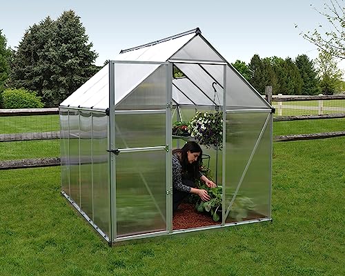 Canopia 6x8 Greenhouse Kit, Hobby Walk-In Twin-Wall UV Polycarbonate Heavy Duty Aluminum Frame, Lockable Door, Adjustable Roof Vent, Rain Gutters, Galvanized Steel Base, Mythos (Silver) - color: Silver, size: 6 Ft. x 8 Ft.