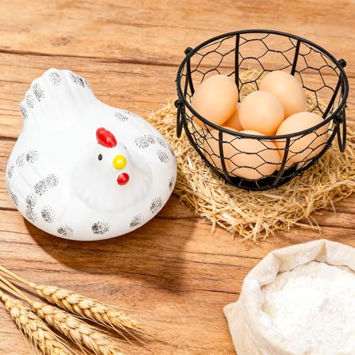 Metal Wire Egg Basket Ceramic Lid Farm Kitchen Egg Storage Holder | Wire Egg Collection Baskets for Gathering Eggs,Decorative Egg Holder Container for Farmhouse,Kitchen, and Countertop