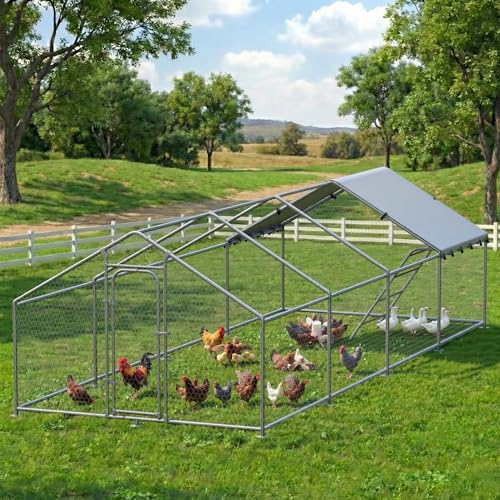 Large Metal Chicken Coop with Roosting Perch, Waterproof and UV Protection Cover, Chicken Run Outdoor Walk-in Cage Chicken Rabbit Duck Hen House for Yard Farm Use Spire Roof (10’ W x 26.2’ L x 6.4’ H) - size: 315.0"L x 118.0"W x 78.0"H