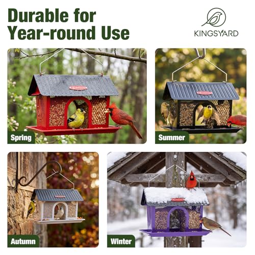 Kingsyard Bird Feeder for Outdoors Hanging, Dual-Use Metal Mesh Wild Bird Feeders with Seed Tray & Weatherproof Roof, 3 lbs Large Capacity, Purple - color: Purple