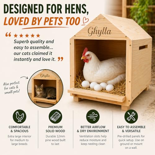 Chicken Nesting Box for Laying Eggs, Extra Large Wooden Hen Box, Solid Pine, Spacious & Comfortable, Ventilated Design, Easy Assembly, Wall or Ground Use