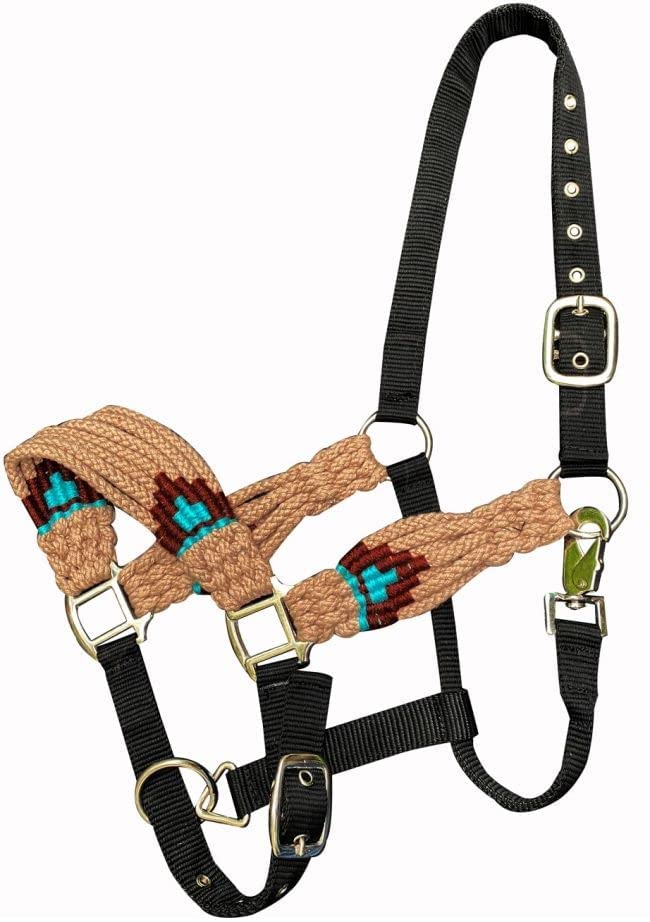 Showman Nylon Bronc Halter w/Tan & Teal Multi-Strand String Nose