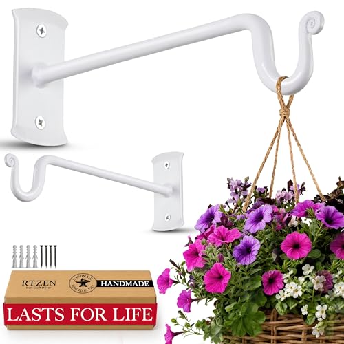 RTZEN Plant Hangers Outdoor or Indoor - Wrought Iron Metal Hanger Indoor Hook - Heavy Duty Wall Bracket Hooks for Hanging Plants Baskets Lanterns Bird Feeders - 2 Pack (White Shepherds Hooks 7.5") - size: 7.5 Inch, style: Shepherds Hooks - W