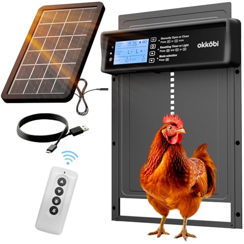 Okkobi Automatic Chicken Coop Door Solar Powered - LCD Display - Chicken Coop Door with Remote Control, Light Sensor & Timer - Security & Peace of Mind: Anti-Pinch Function - 5-Year Protection - Grey - color: Grey