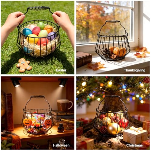 Wire Egg Basket for Gathering Fresh Eggs with Coiled Handle, Chicken Coop | Egg Basket Countertop, Fruit Basket Kitchen Counter, Harvest Basket, Easter Egg Basket, Holds 24 Eggs, Stable Base, Black