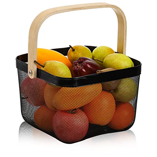 ZEAYEA Mesh Steel Fruit Basket Bin with Handle, Multi-functional Hanging Storage Organizer Garden Harvest Basket, Metal Wire Kitchen Basket for Cabinet, Pantry, Bathroom, Picnic, Home Decor, Black