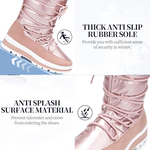 Waluzs Snow Boots for Women Fur Winter Boots Waterproof Ski Boots Women's Mid Calf Boots Furry White Lace up Boots with Zipper - color: Pink, size: 10