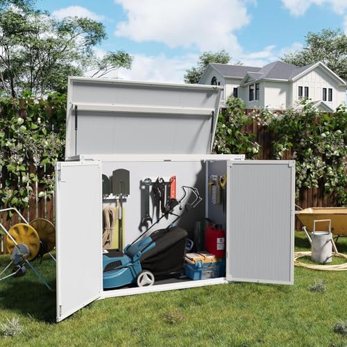41 Cu.Ft Horizontal Outdoor Plastic Storage Shed/Box Trash Can Sheds Weatherproof Resin Shed with Floor Thickened & Gas Spring & Lockable Doors for Tools, Lawn Mower Storage(4.5 * 2.5 FT)