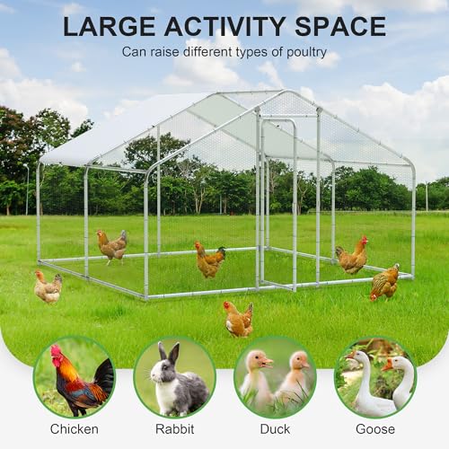 Large Metal Chicken Run, Chicken Coop with Lockable Door Spire Shape Walk-in Chicken Hen House with Waterproof & Anti-UV Cover for Duck Rabbit Habitat Cage Outdoor Poultry Cage for Yard Farm - size: 240.0"L x 120.0"W x 79.0"H
