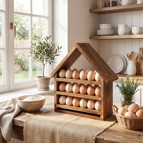 Remerry Wooden Egg Holder Countertop 3 Tier House Shape Fresh Egg Storage Pull out Eggs Racks Basket for Home Craft Room Farmhouse Kitchen Counter Organizer(36 Hole,No Door,Brown) - style: No Door