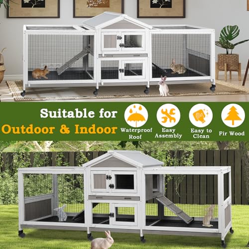 PetsCosset Double Rabbit Hutch Outdoor Indoor Large Bunny Cage with Dual Side Runs, 2-Story Wooden Hutch with 4 Leak Proof Trays, 8 Wheels, Waterproof Roof, Ramp, for Small to Medium Animals - size: 93.0"L x 22.1"W x 35.0"H