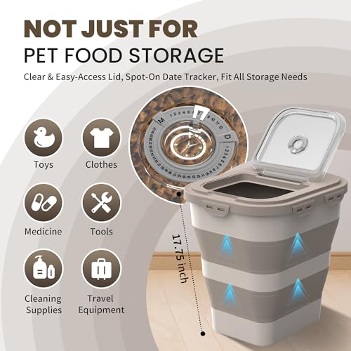 35-40 Lbs Airtight Dog Food Storage Container, Collapsible Dog Food Container with Lid, Wheels, Date Track, Large Pet food storage Container for Rice,Flour,Sugar,Dog Food Scoop,2PCS Containers - color: Khaki/40 lbs