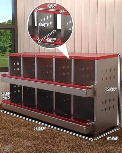 Galvanized Metal Chicken Nesting Box - 10 Compartments with Perch Rod, Egg Collection Tray & Fake Training Eggs - Rustproof Poultry Laying Box for Hens - color: Red, size: 10 Compartments