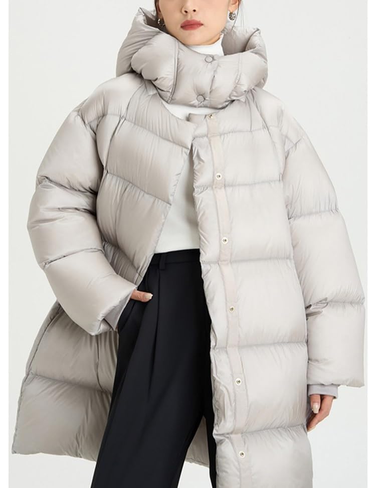 Women's Down Jacket Medium Length Loose A-line Detachable Hooded Warm