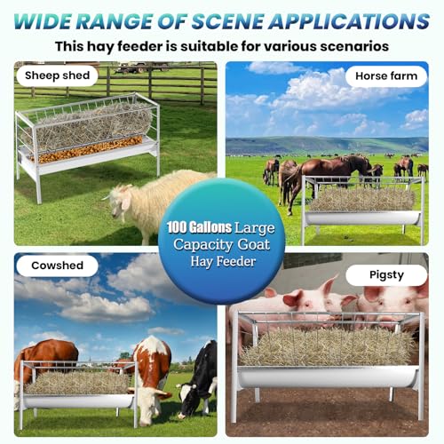 Stainless Steel Hay Feeder, 100 Gallon Capacity Weather-Resistant and Rust-Proof Large-Capacity Dry/Wet Hay and Grain Feeder Dimensions: 63 x 27.5 x 35.4in Outdoor Hay Rack Feeder for Farms and Barns