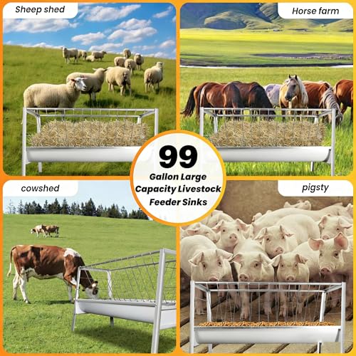 99 Gallon Pasture Hay Feeder, 2 in 1 Stainless Steel Goat Hay Feeder with Deeper Feeding Pan for Goat Sheep Horse, Detachable Livestock Feeder Ease of Assembly in Farm Outdoor (slivery galvanizing) - color: slivery galvanizing