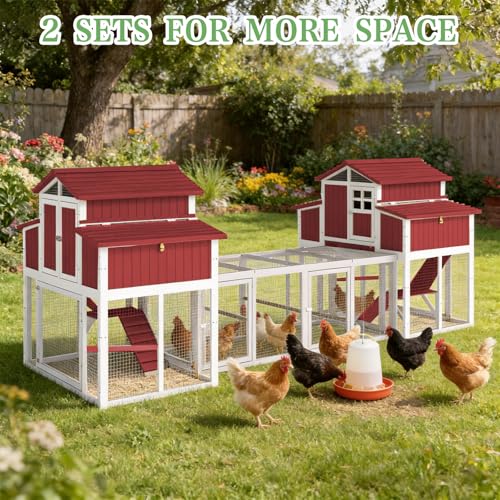 Gowoodhut 230.72" L 2-Story Chicken Coop with Extra Run Cage,Chicken House Hen House with 4 Large Nesting Boxes,Expandable Poultry Cage for 8-12 Chicken with 12 Perching Bars,Pull-Out Tray,Ramps(RED) - size: 230.7"L x 56.3"W x 52.8"H