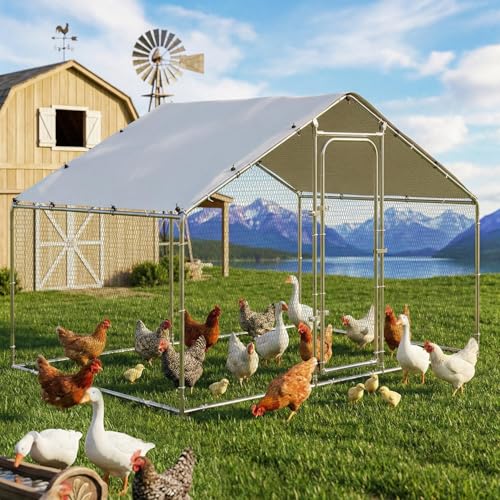 Metal Chicken Coop Walk-in Run Pen with Waterproof Cover, Galvanized Steel, Spire Roof, for Outdoor Backyard and Farm (78.0" L x 118.1" W x 76.8" H) - size: 78.0"L x 118.1"W x 76.8"H