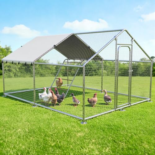 Large Metal Chicken Coop Run with Roosting Perch, 13.2x10x6.4 Outdoor Poultry Cage Pen with Waterproof and UV-Resistant Cover for Chickens Use, Spire Roof - size: 157.4"L x 118.0"W x 78.1"H