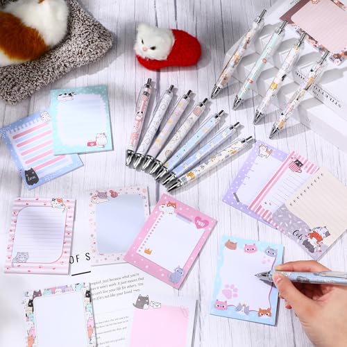 24 Pcs Cat Sticky Notes with Pens Cat Themed Gifts Party Favors Notepad Cute Memo Notes Pads Black Ink Ballpoint Pen for Women Animal Lover Christmas Gifts Office School Students Teacher Supplies - style: Cat