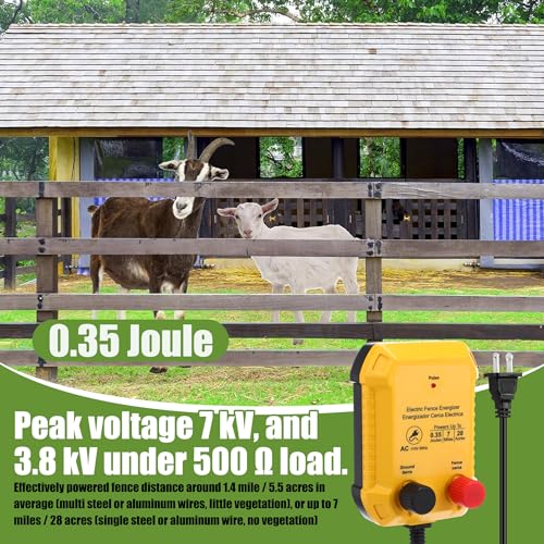 MorningRo Electric Fence Charger Set 110VAC 0.35 Joule Electric Plug in Fence to Contain Pet Poultry Keep Rodent, 50 Black Insulator and 1 Socket Tool 250ft Aluminum Wire for Garden Pond Protection - style: 0.35 Joule