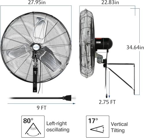 BILT HARD 24in. 6500 CFM High Velocity Wall Mounted Fan, 3-Speed Heavy Duty Shop Fan, Industrial Oscillating Fan for Commercial, Garage, Factory, Warehouse and Jobsite Use - size: 24 inch