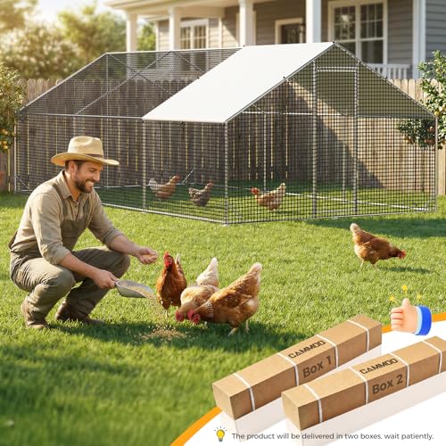 CAMMOO Metal Chicken Coop with Run, 19.7x9.8x6.6ft, Walk-in Chicken Run for Yard with Cover, Upgrade Double Lock & Tough Mesh, Stainless Steel Ties, Easy Assembly, Chicken Pen for Ducks, Rabbits - size: 19.7'L x 9.8'W x 6.6'H