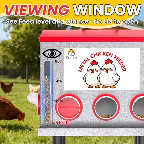 10-Gal 55LB Metal Chicken Feeder with Window, Dual No-Waste Design, Automatic Large Chicken Feeder for Outdoor Coops, Rust-Proof Alloy Steel Poultry Feeder with Adjustable Legs (Red)