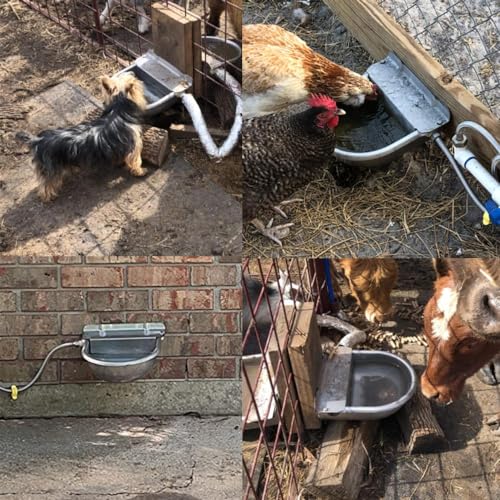 Automatic Animal Drinking Water Bowl with Drain Hole, Float Valve, 304 Stainless Steel Water Bowl for Dog Goat Cowl Chicken Animals, with Hose, Brush, Quick Connector Adapter, Countersunk Bolts