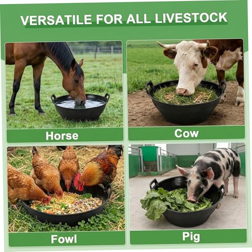 2-Pack Rubber Feed Pan, Plastic Horse Feed Pan with Handle, Thick & Stackable Animal Feeding Buckets for Horses Goats Chickens (15.4 Inch)