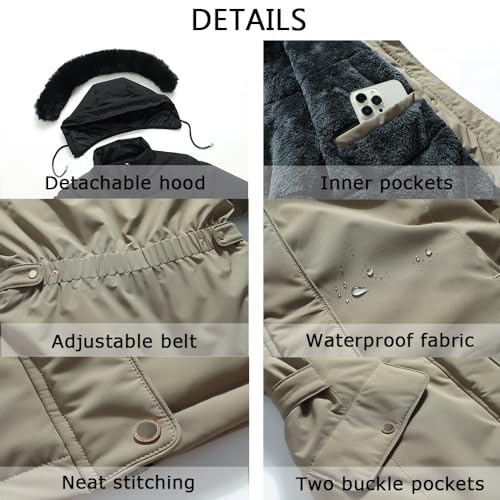 MOERDENG Women's Long Winter Down Coat Thicken Fleece Lined Parka Warm Puffer Jacket With Faux Fur Detachable Hood - color: Khaki, size: Small