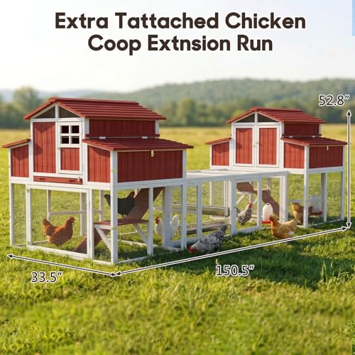 Extra Large Connected Chicken Coop with Center Run for 6–10 Chickens, Dual Wooden Hen Houses, 2-Tier Elevated Design, Nesting Boxes, Pull-Out Tray, Reinforced Frame, Red - color: Red