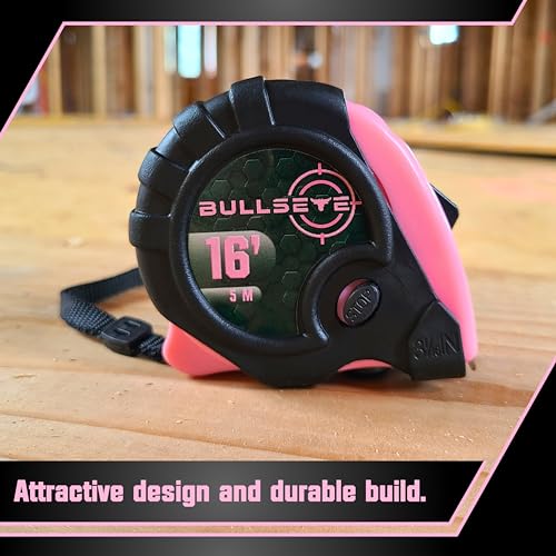 Bullseye Tape Measure 16 Foot | Pink | Premium-Quality Retractable Measuring Tape with Pause Buttons | Easy to Read Measurements in Standard & Metric - Centimeters & Inches