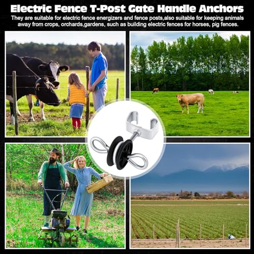 Gisafai 6 Pcs Electric Fence Gate Handles T Post Gate Handle Anchors Double Hook 2 Rings Steel Insulators with Easy Screws for Wire Electric Fence Wood Post Agricultural and Ranchers, Black
