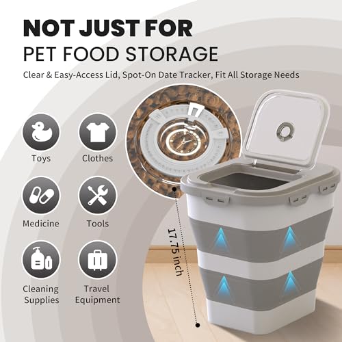 35-40 Lbs Airtight Dog Food Storage Container, Collapsible Dog Food Container with Lid, Wheels, Date Track, Large Pet food storage Container for Rice,Flour,Sugar,Dog Food Scoop,2PCS Containers - color: Grey/40 lbs