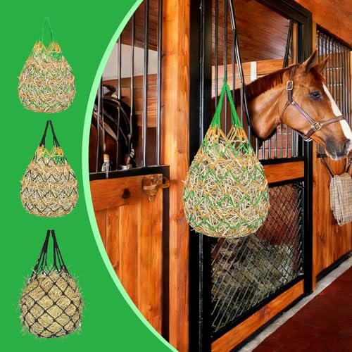 3 Pack Slow Feed Hay Nets for Horses, 40-Inch Durable Mesh Hay Bags with Carabiners and Gloves, Durable Hanging Hay Net for Goat Sheep, Livestock Hay Feeder for Stable Trailer Pasture - size: 3 Pack