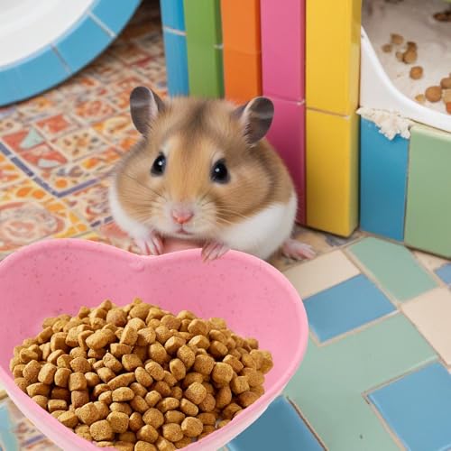 3 Pack Hamster Food Bowl Rabbit Guinea Pig Food Dish Cute Heart Shape Water Dish for Hamster Hedgehog Gerbil Small Animals Rat Rodent (Green, Blue and Pink)