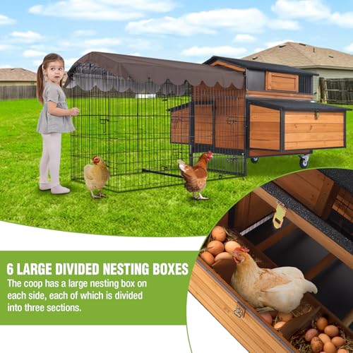 GUTINNEEN Mobile Chicken Coop with All-Around Metal Frame, 76.7" Large Chicken Coops with Super Large Wheels, Outdoor Poultry Cage Hen House with Metal Run for 6-8 Chickens - size: 76"L