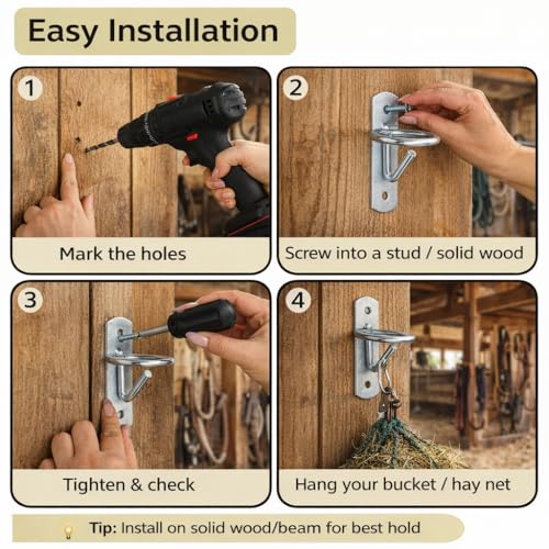 Horse Stall Bucket Hooks, Heavy Duty Metal Ring Bucket Hangers with J-Hook, Wall Mounted Water Feed Bucket Holder for Barn, Stable & Fence, Includes Screws, 2-Pack