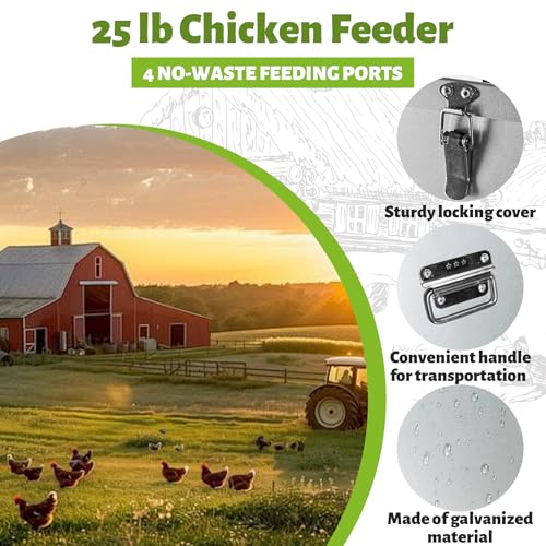25LB Large Automatic Chicken Feeder Galvanized Metal Chicken Feeders with 4 Feeding Ports No Waste Outdoor Poultry Feeder with Handle and Locking Lid for Chickens and Ducks - size: 25LB-4 Ports